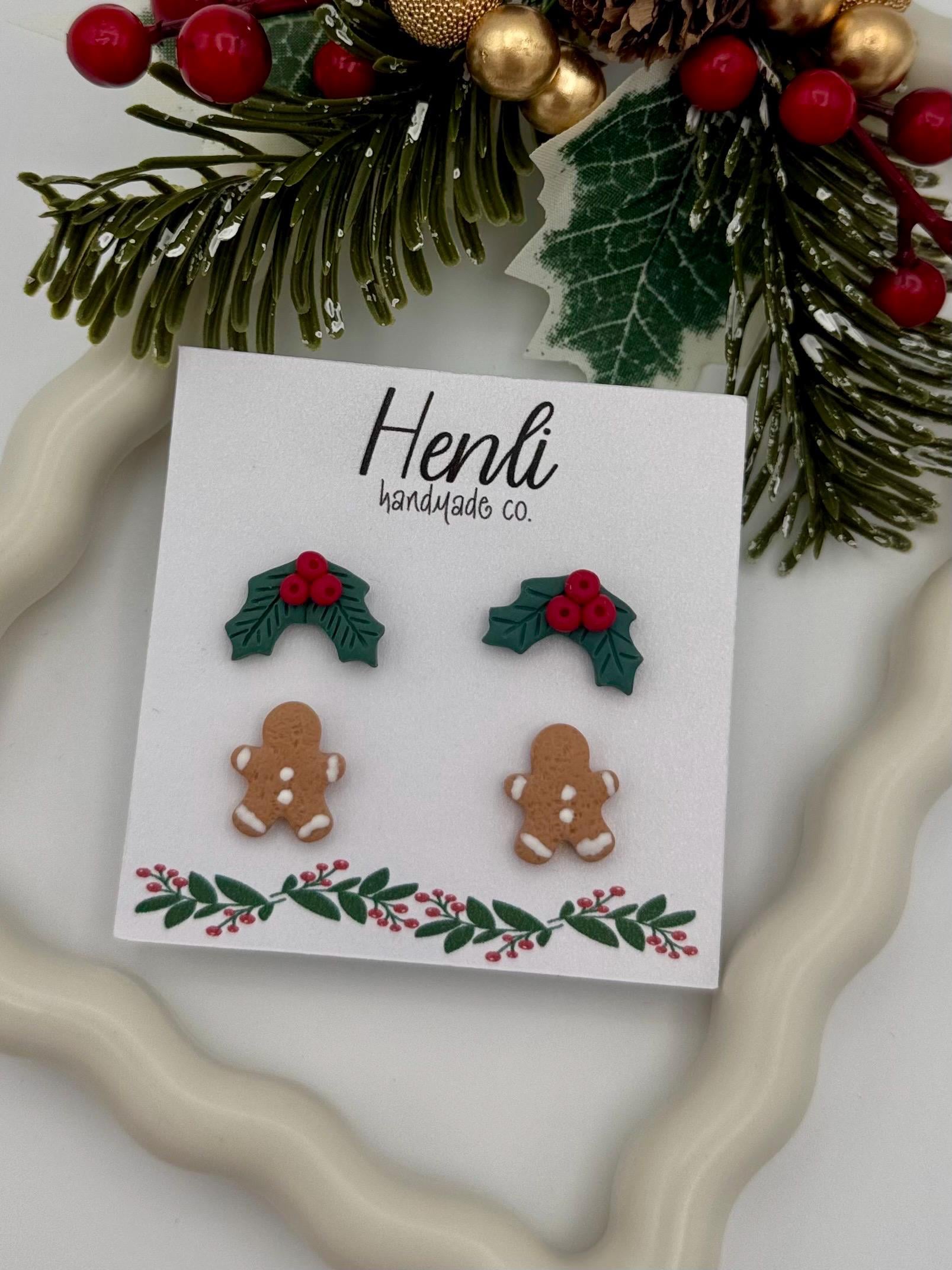 Weihnachts-Ohrstecker, Lebkuchenmann, Holly-Blatt, Mistel, Polymer Clay Ohrringe, Handgemachte Ohrstecker, Geschenke Für Sie von HenliHandmadeCo