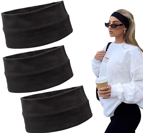 Stirnbänder für Damen, elastische Haarbänder für Damenhaar, rutschfestes Sport-Stirnband, weiche Baumwolle, dehnbar, Haarschmuck (schwarz, groß) von Hennigers