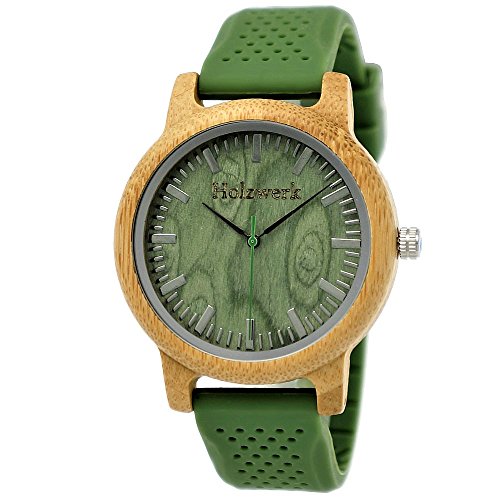 Handgefertigte Holzwerk Germany® Unisex Uhr Herren-Uhr Damen-Uhr Öko Natur Vegan Holz-Uhr Armband-Uhr Analog Klassisch Quarz-Uhr Silikon Kautschuk Armband und Holz Gehäuse Grün (Holzwerk-Kautschuk) von Henny Klein