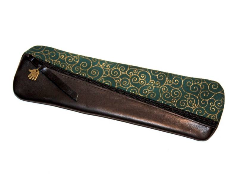 Federtasche/Stifteetui Schwarzes Nappa - Leder & Stoff in Dunkelgrün Mit Goldenen Ornamenten Diagonal Kombiniert Unikat von HenrietteClaire