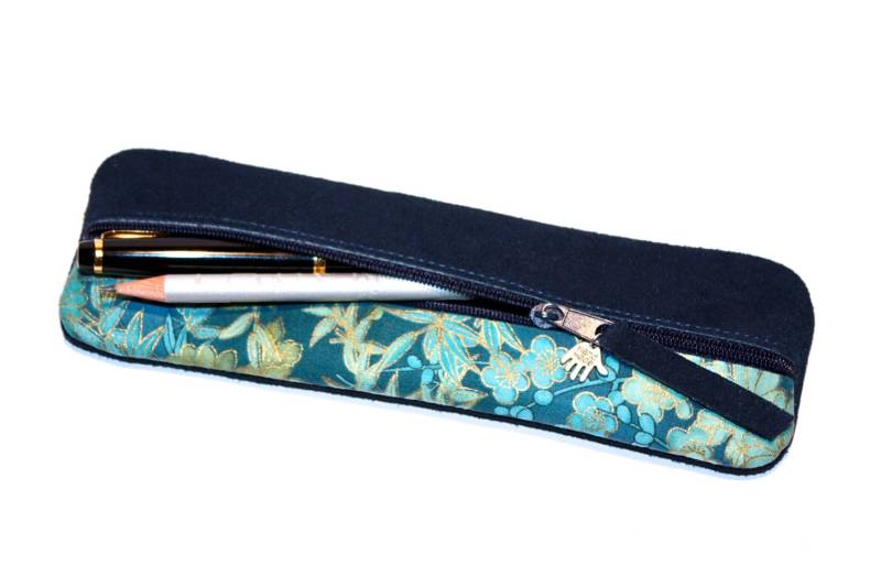 Federtasche Stifteetui Federmäppchen Leder in Blau & Stoff Japanisch Grün Gold Unikat von HenrietteClaire