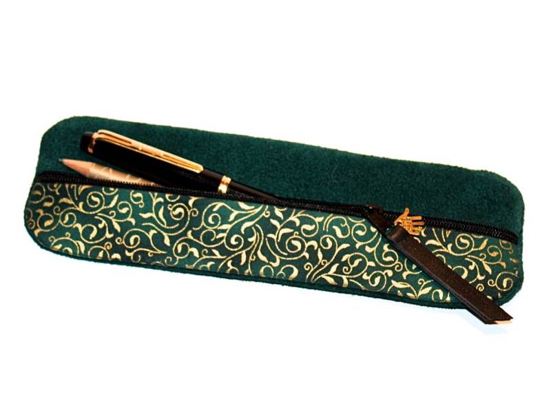 Federtasche Stifteetui Federmäppchen Weiches Leder in Dunkelgrün & Stoff Grün Gold Unikat von HenrietteClaire