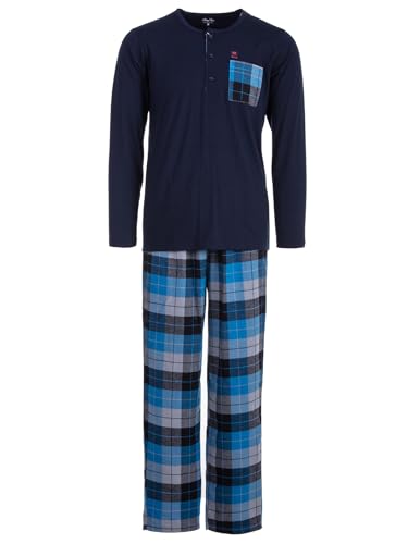 Henry Terre Herren Pyjama Carlo mit Karo Muster Langarm Schlafanzug Baumwolle Brusttasche M-2XL, Farbe:Navy, Größe:L von Henry Terre