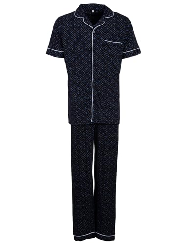 Henry Terre Herren Pyjama Punkte & Zweige Muster Kurzarm Schlafanzug Set Baumwolle durchgeknöpft, Farbe:Navy, Größe:XL von Henry Terre