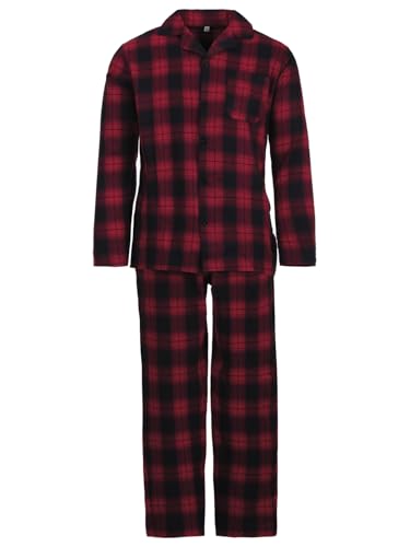 Henry Terre Herren Pyjama Set 2 TLG. kariert Langarm Schlafanzug Baumwolle durchgeknöpft, Farbe:rot, Größe:L von Henry Terre