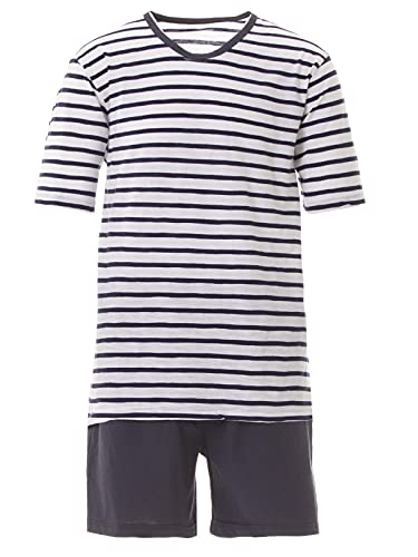 Henry Terre Herren Pyjama Set Shorty Gestreift Loungewear 2-TLG. Herren Shorty Kurzarm Streifen Rundhals-Auschnitt, Farbe:weiß, Größe:L von Henry Terre