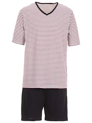 Henry Terre Herren Pyjama Set Shorty Kurzarm Gestreift V-Ausschnitt Loungewear 2-TLG, Farbe:Bordeaux, Größe:M von Henry Terre