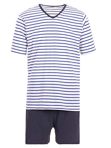 Henry Terre Herren Pyjama Set Shorty Kurzarm Gestreift V-Ausschnitt Loungewear 2-TLG, Farbe:blau, Größe:2XL von Henry Terre