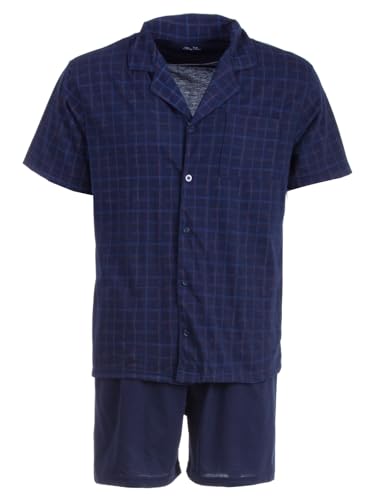 Henry Terre Herren Pyjama Shorty Karl mit Karo-Muster Schlafanzug Set M-5XL Baumwolle durchgeknöpft Shorts & Kurzarm-Shirt Elegantes Design Sommerschlafanzug, Farbe:Navy, Größe:M von Henry Terre