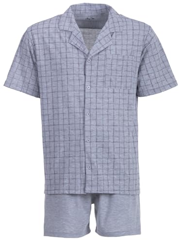 Henry Terre Herren Pyjama Shorty Karl mit Karo-Muster Schlafanzug Set M-5XL Baumwolle durchgeknöpft Shorts & Kurzarm-Shirt Elegantes Design Sommerschlafanzug, Farbe:hellgrau, Größe:3XL von Henry Terre