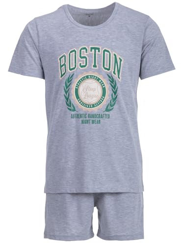 Henry Terre Herren Pyjama Shorty Paul Boston Schlafanzug Set M-5XL Baumwolle Shorts & Kurzarm-Shirt Sportliches Design Sommerschlafanzug, Farbe:hellgrau, Größe:M von Henry Terre