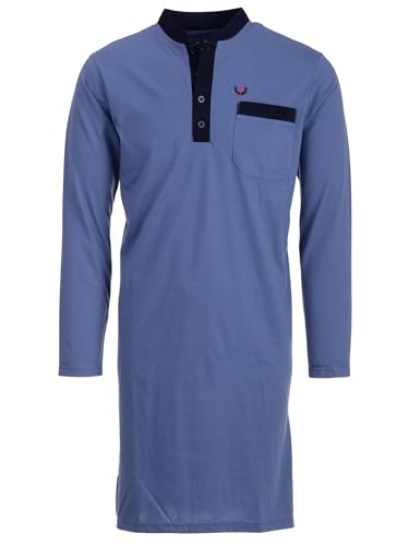 Henry Terre Nachthemd Herren Langarm - Stehkragen Unifarben Brusttasche Knopfleiste Größe M-3XL, Farbe:blau, Größe:3XL von Henry Terre