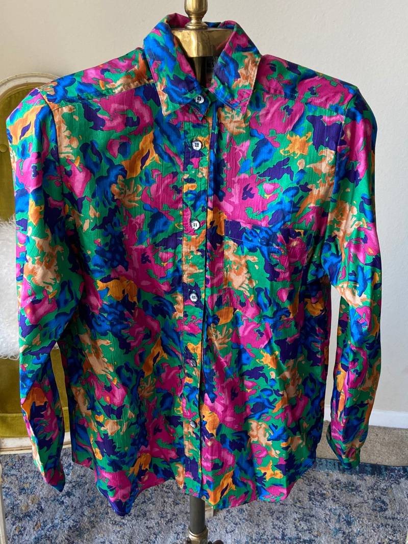 1980S Buntes Vintage Button Up Langarm Top Petite Gr. 12. Moderne Größe S Und Etwas Medium von HenryBurgess