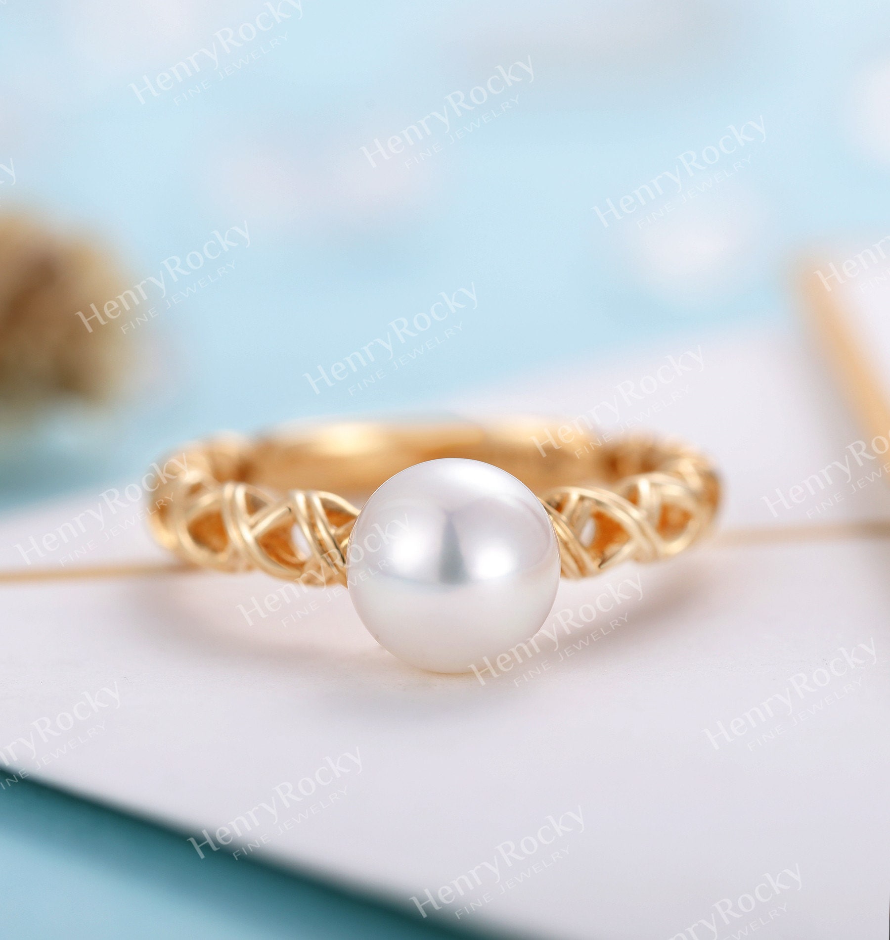 Art Deco Akoya Perle Verlobungsring Gelbgold Frauen Einzigartige Vintage Verdreht Braut Antik Solitär Ehering Versprechen Jahrestag Ring von HenryRocky