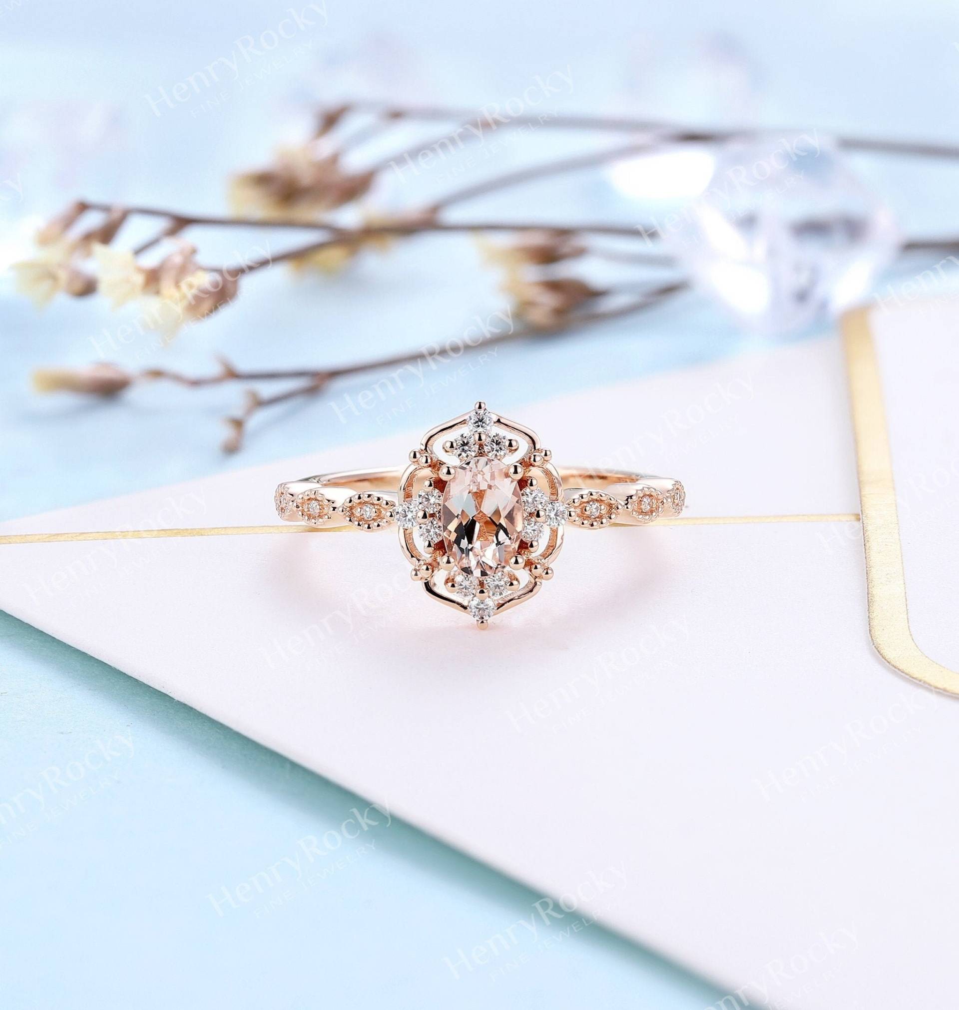 Art Deco Morganit Verlobungsring Vintage Rosegold Diamant Ring Antike Oval Förmige Milgrain Ehering Einzigartiger Jubiläumsring von HenryRocky