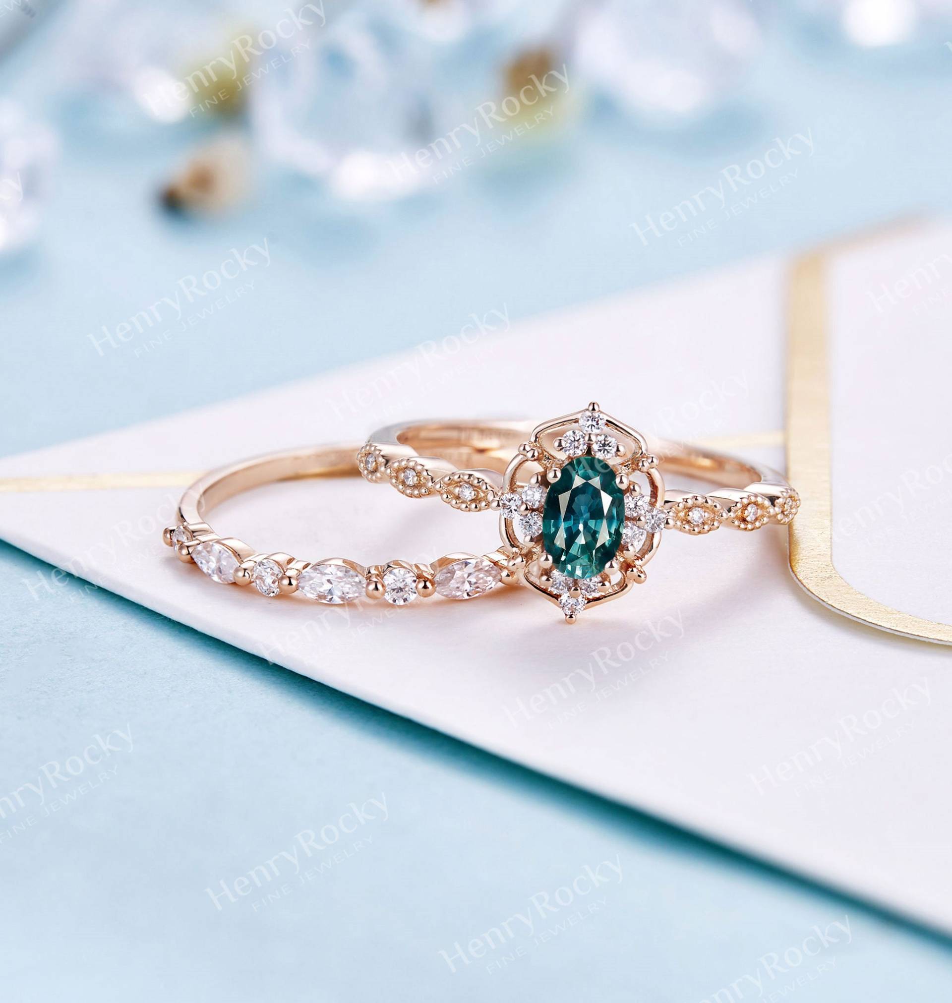Art Deco Saphir Verlobungsring Set | Antikes Roségold-Brautset Vintage Diamant Ehering Jubiläumsversprechen von HenryRocky