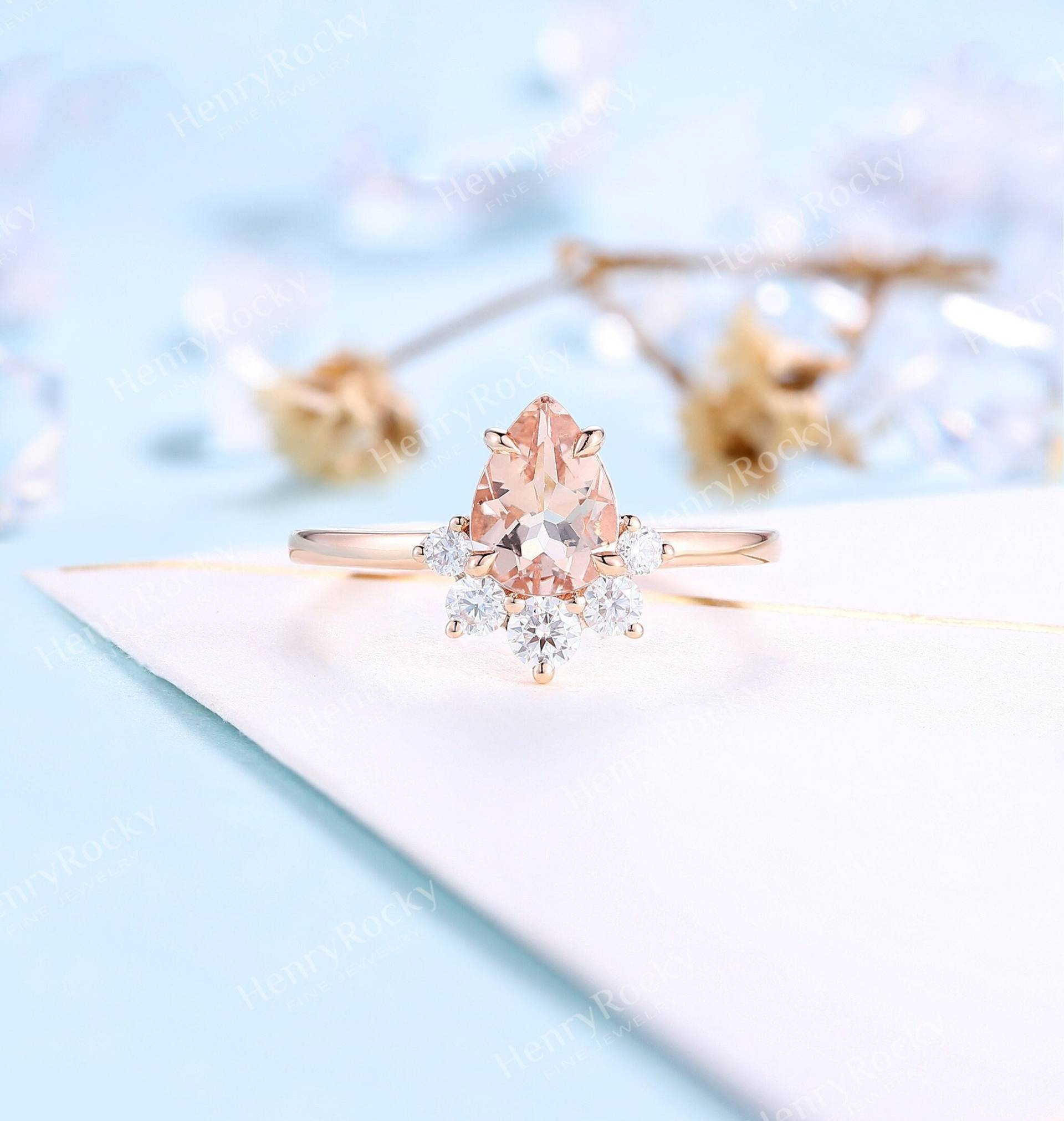 Birnenförmige Morganit Verlobungsring Frauen Vintage Rose Gold Ehering Art Deco Moissanite Braut Diamant Ring Jubiläum Versprechen von HenryRocky