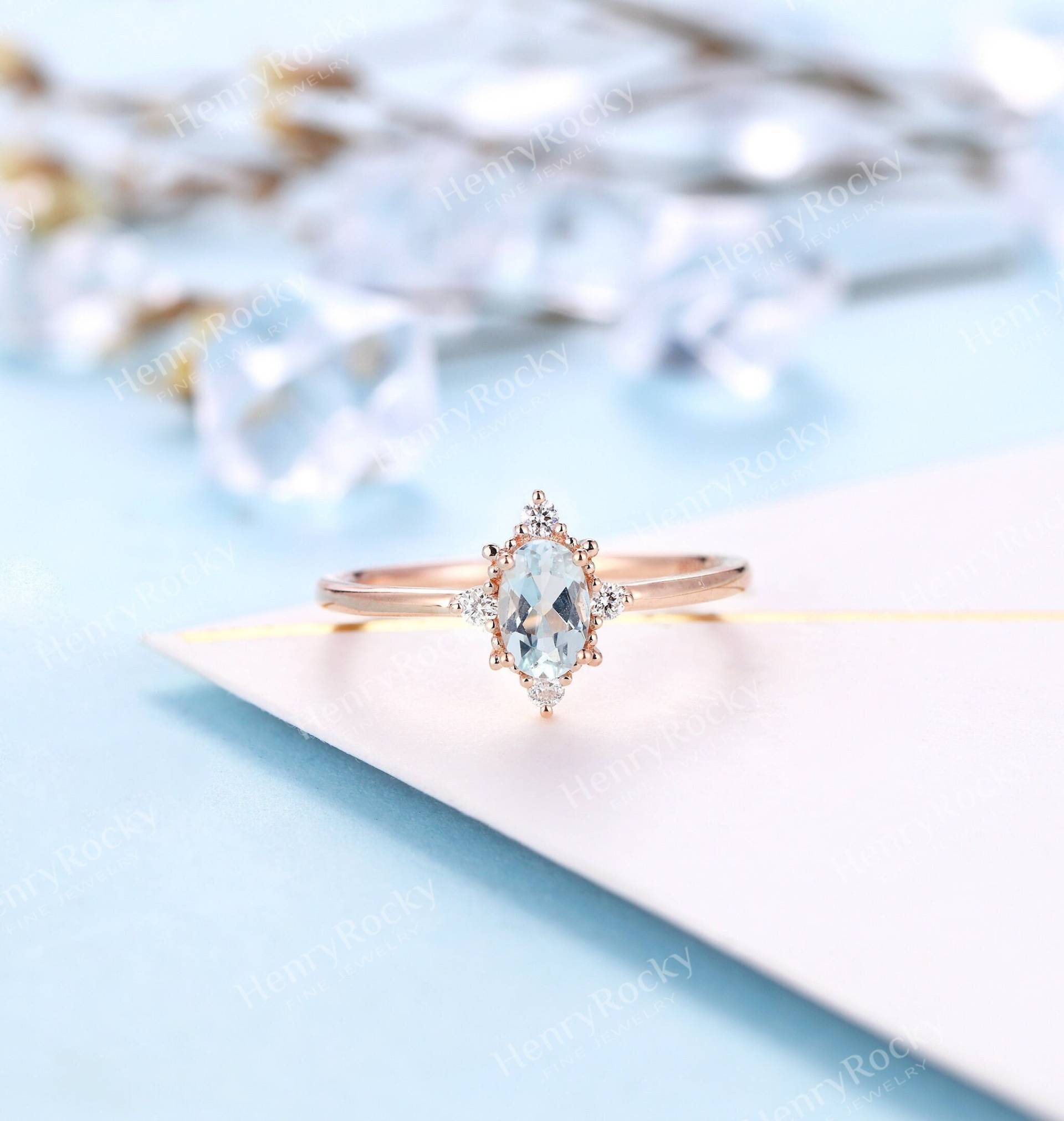 Einzigartiger Ovaler Aquamarin-Verlobungsring Art-Deco-Roségold-Hochzeitsring Antique Diamond Bridal Vintage-Ring Jubiläum Versprechenring von HenryRocky