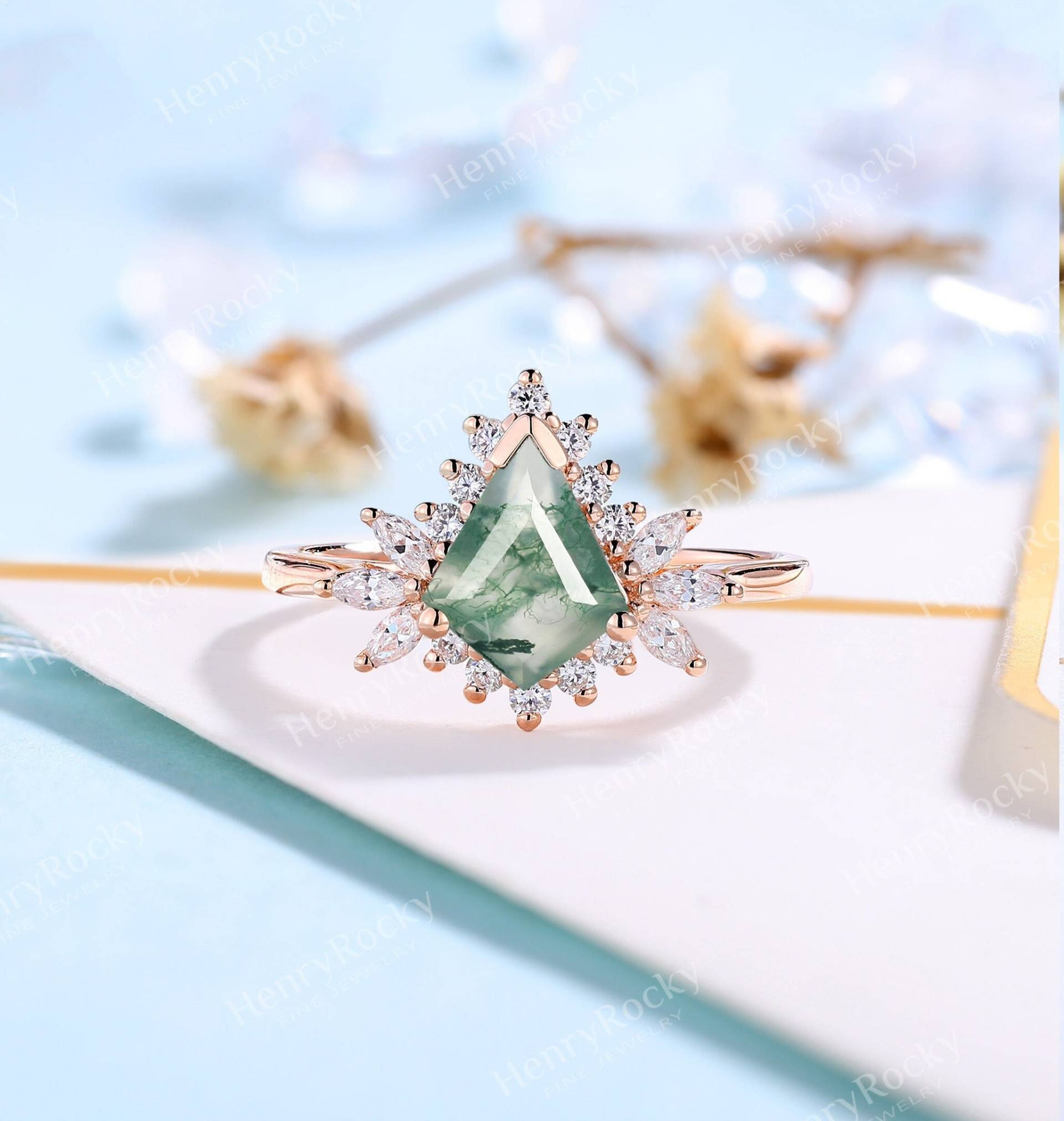 Moissanite Verlobungsring Drachenschliff Moss Achat Marquise Ring Diamantring Halo Cluster Jubiläumsring von HenryRocky