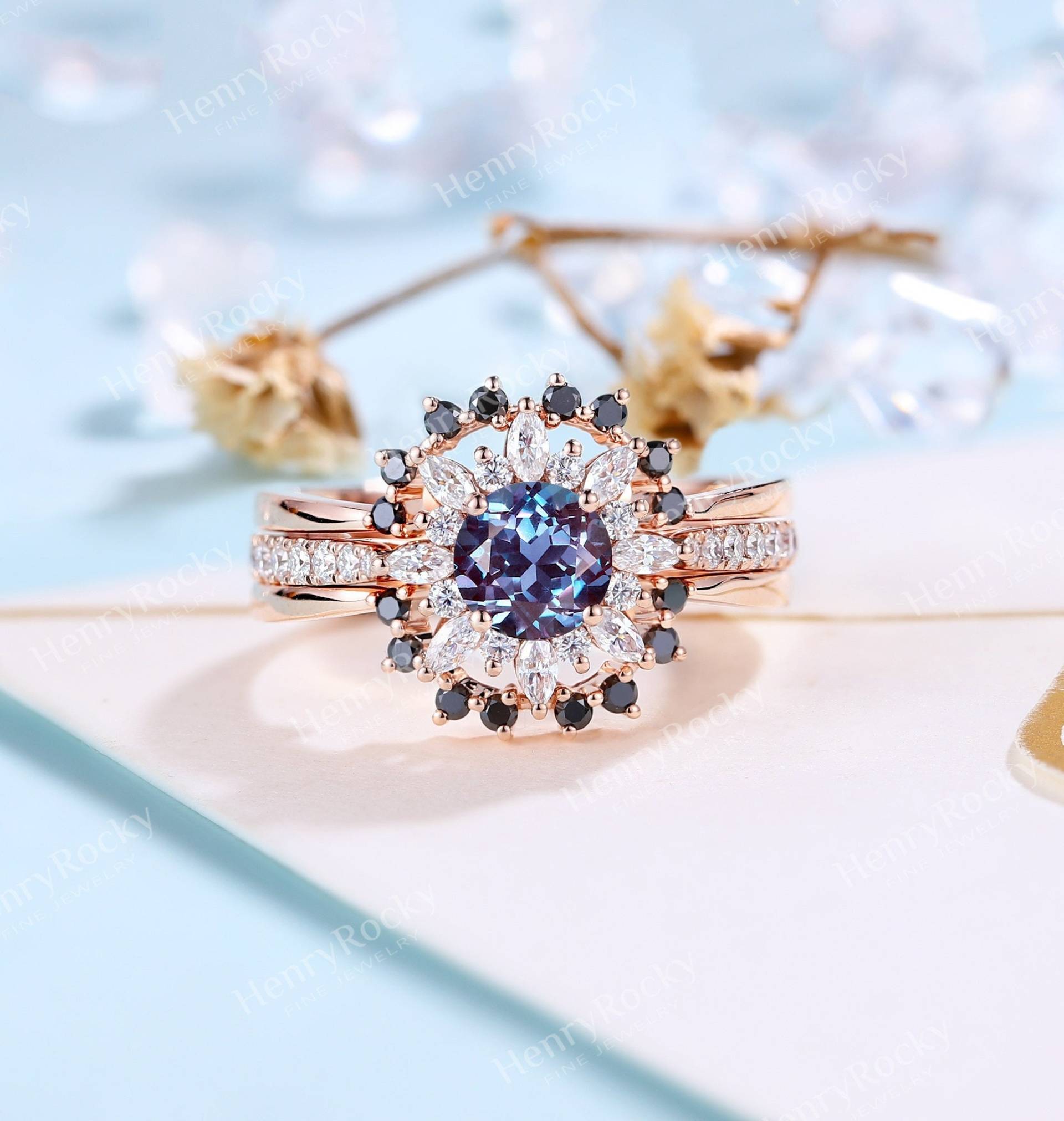 Runder Lab Alexandrit Verlobungsring Rosegold Trauring Brautring Marquise&round Schliff Moissanit Ring Geschwungen Schwarz Diamant Ehering von HenryRocky