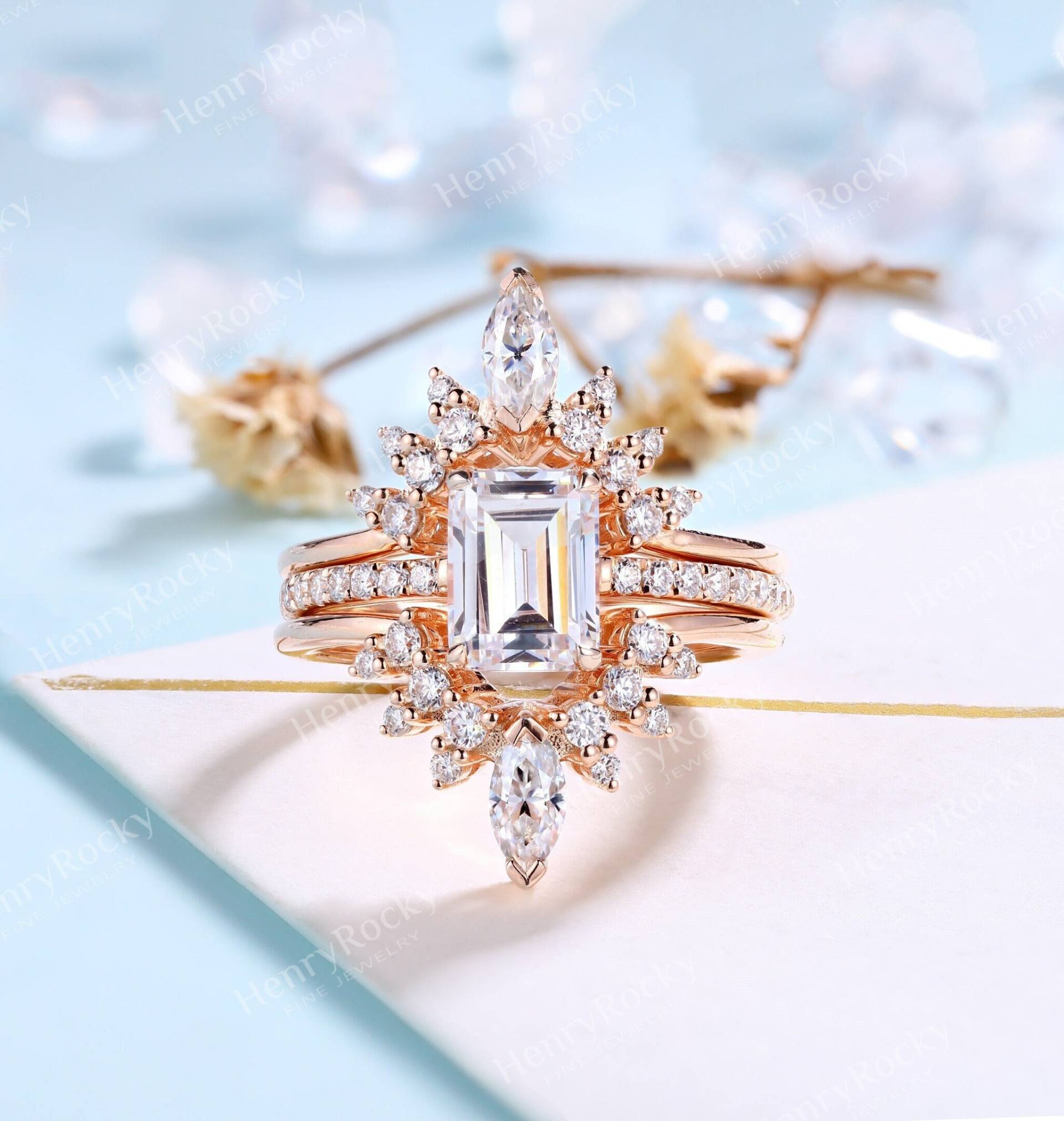 Smaragdschliff Moissanit Verlobungsring Set Rosegold Cluster Ring Marquise Rundschliff Vintage Halo Gebogenes Band Versprechen Braut von HenryRocky