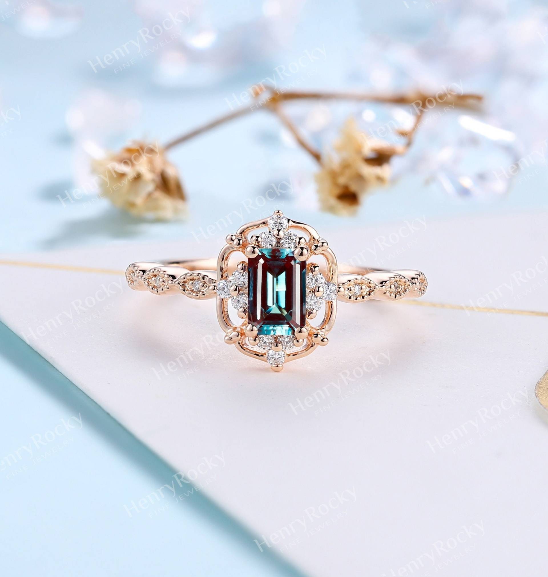 Vintage Alexandrit Verlobungsring Floral Moissanite Diamant Art Deco Milgrain Ring Rosegold Versprechen Jubiläumsring von HenryRocky