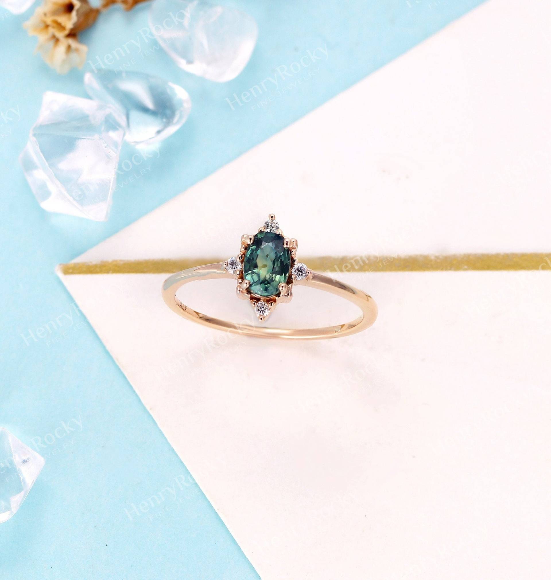 Vintage Blau Grün Saphir Verlobungsring Rose Gold Ring | Ovaler Blauer Diamant Brautring Jubiläums-Versprechensring von HenryRocky