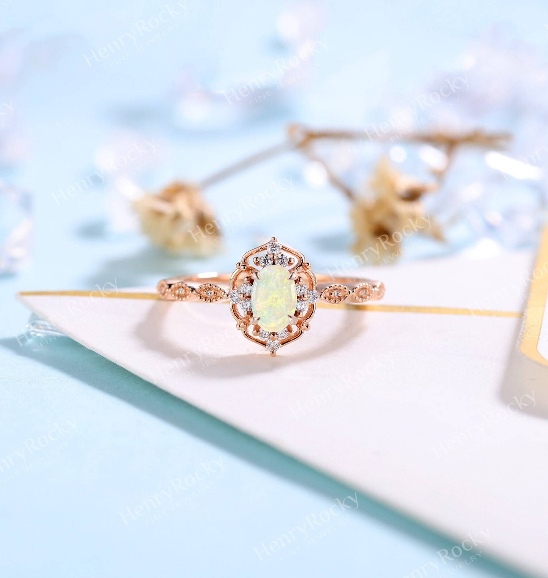 Vintage Opal Verlobungsring Rose Gold Ehering | Antiker Ovalschliff Brautring Art Deco Heiligenschein Ring Milgrain Jubiläum Versprechen von HenryRocky