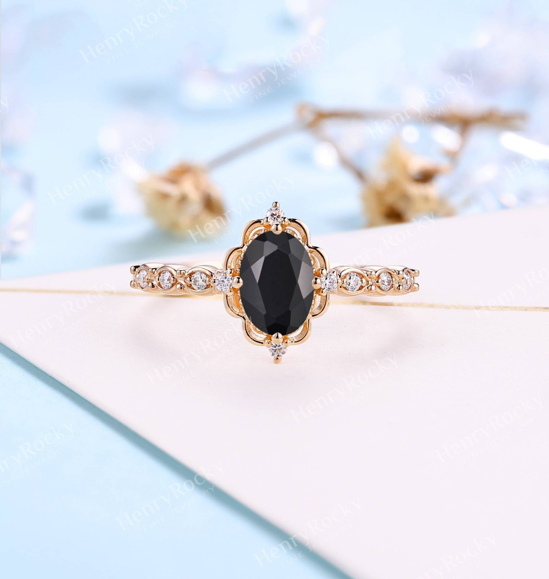 Vintage Oval Cut Onyx Verlobungsring Moissanite Diamant Halo Ring Braut Art Deco Rose Gold Band Krappen Set Versprechen Jubiläum von HenryRocky