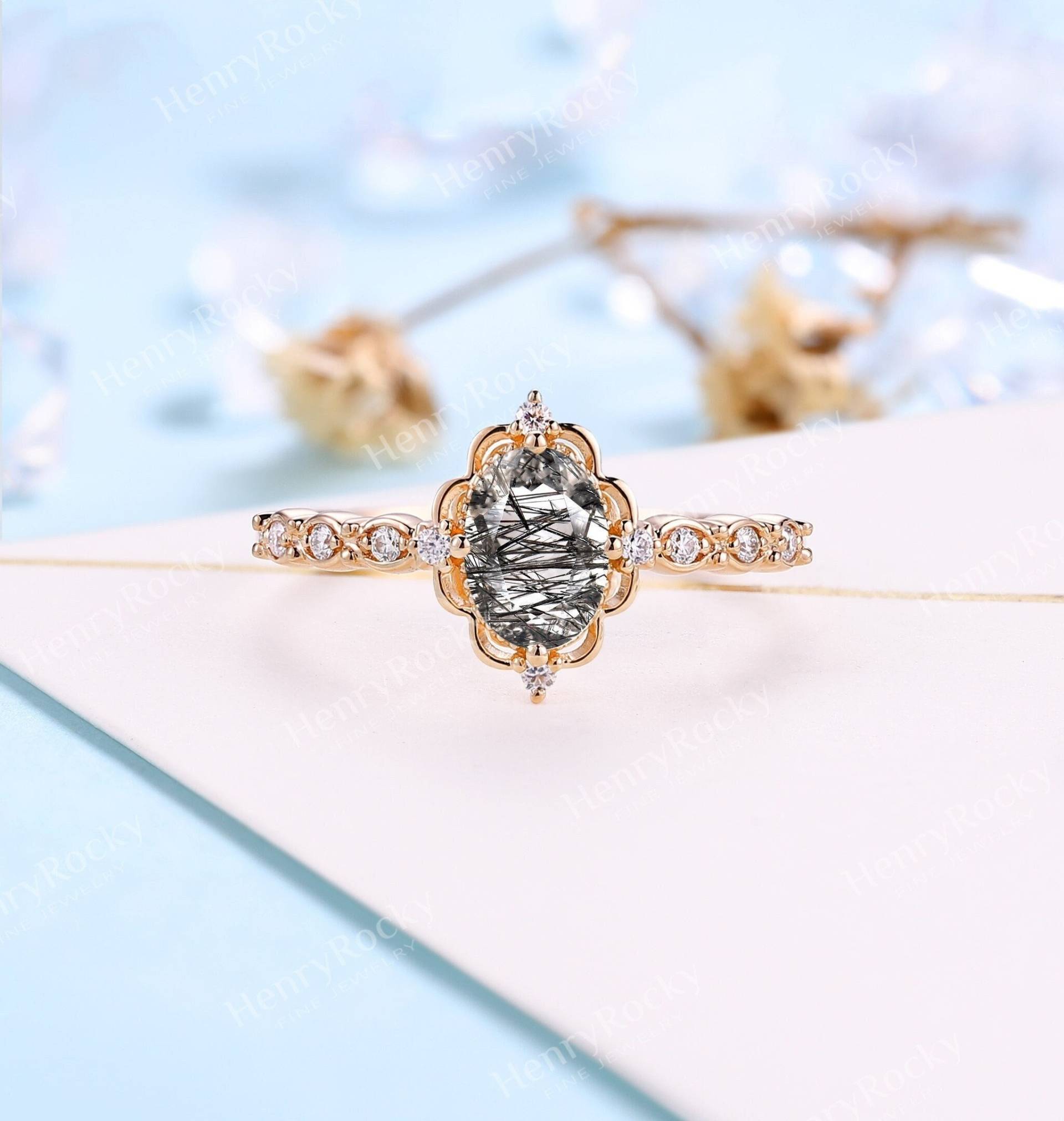 Vintage Oval Schwarz Rutilquarz Verlobungsring Floral Moissanite Diamant Ring Braut Art Deco Rose Gold Versprechen Jahrestag von HenryRocky