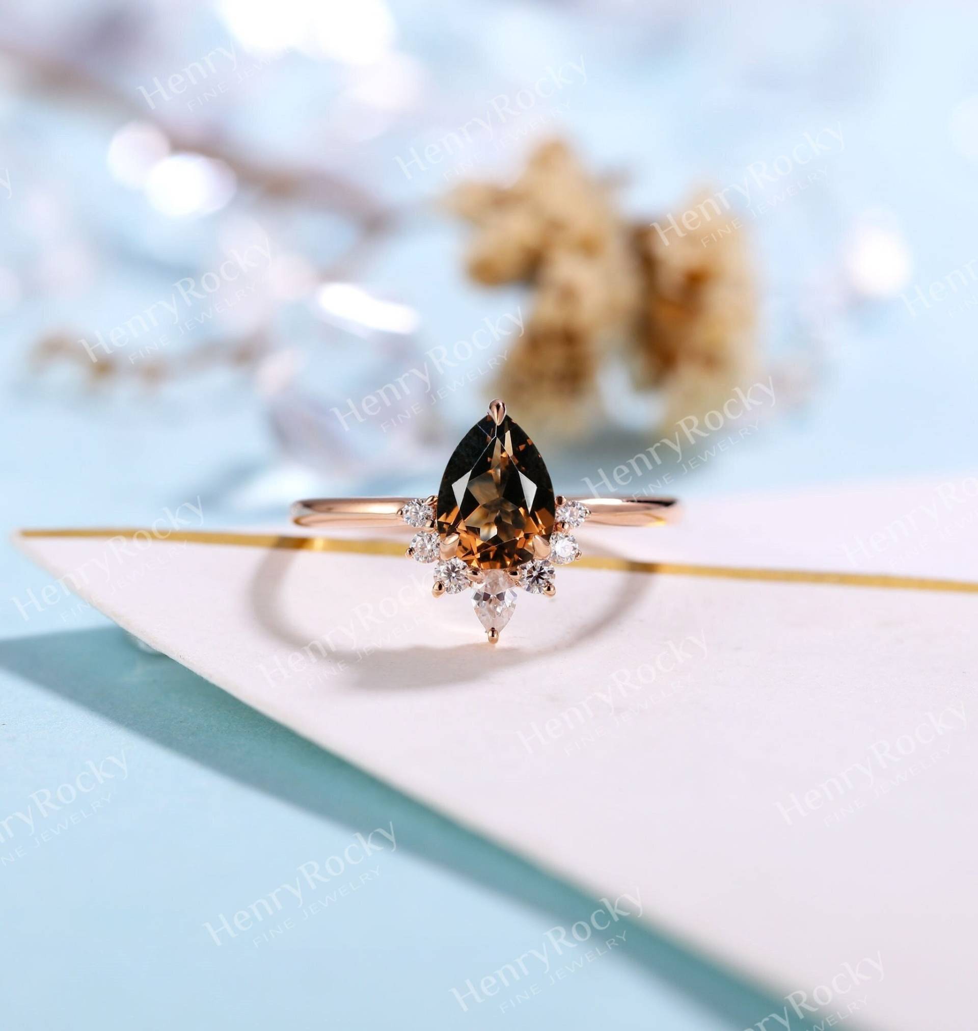 Vintage Rauchquarz Verlobungsring | Birnenschliff Moissanit Ring Roségold Ehering Art-Deco-Diamantring Versprechen-Jubiläumsring von HenryRocky