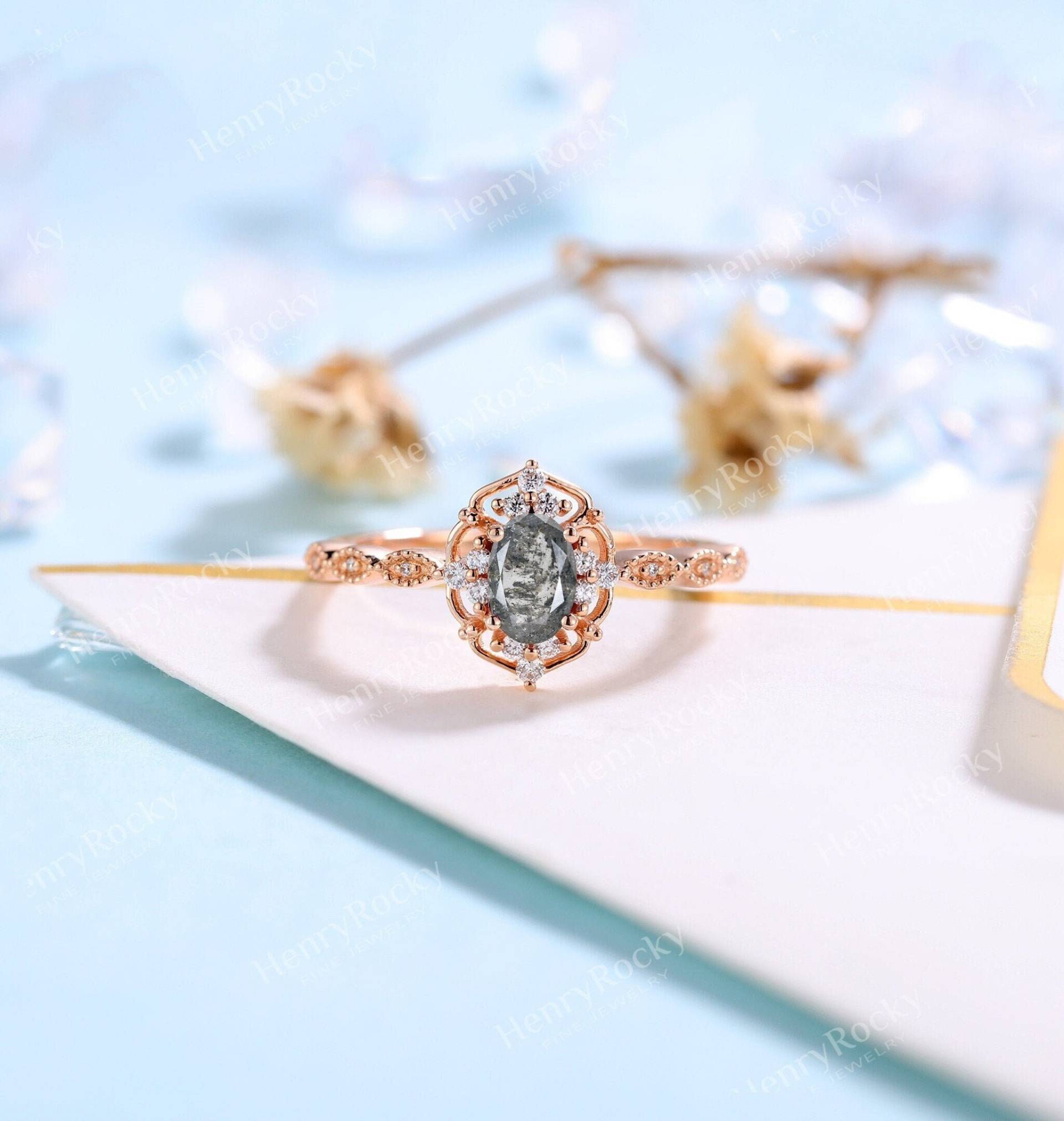 Vintage Salz Und Pfeffer Diamant-Verlobungsring Oval Geschnitten Braut Art-Deco-Rose Gold Moissanite Milgrain Hochzeit Ring Jubiläum Versprechen von HenryRocky