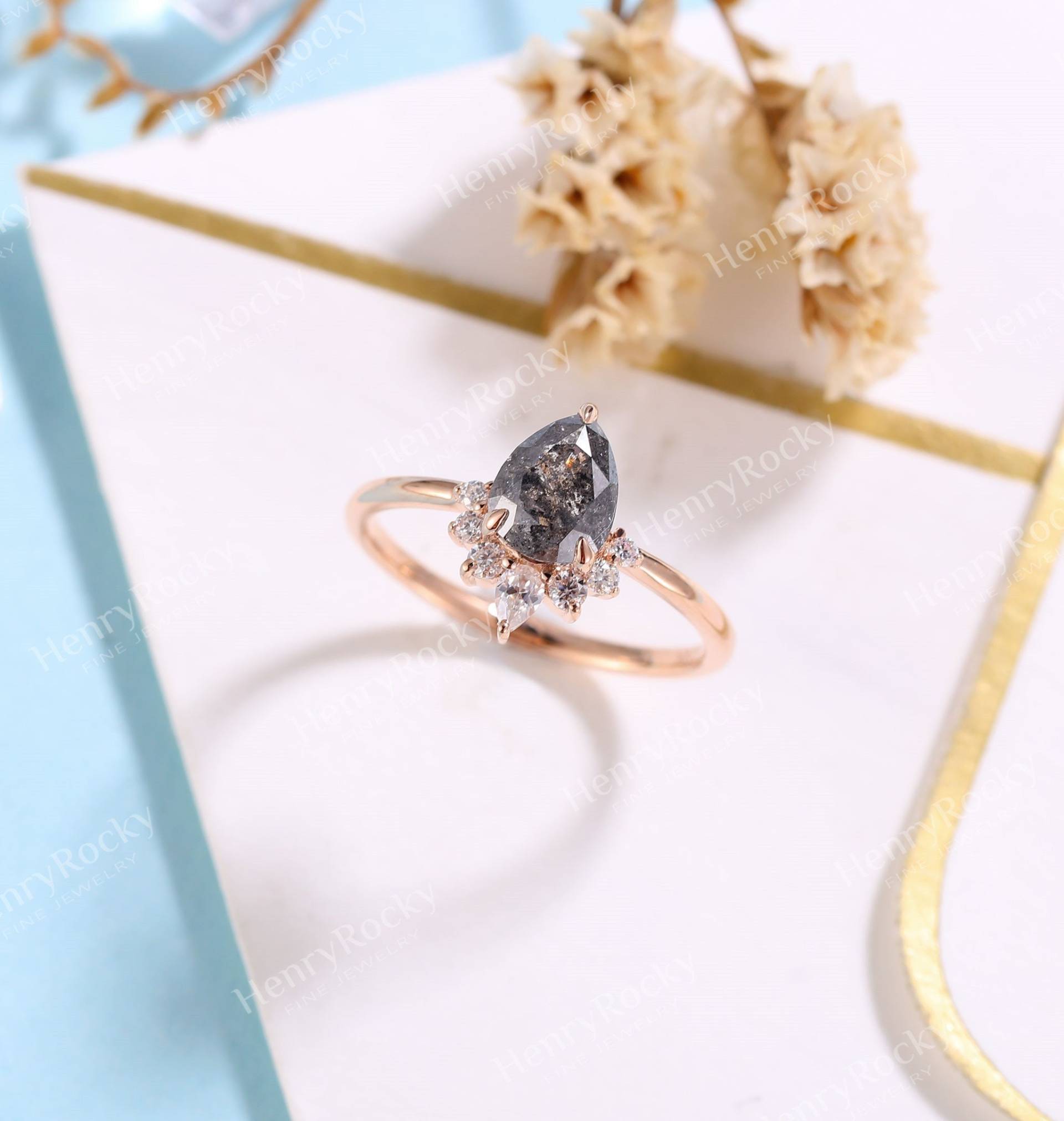 Vintage Salz Und Pfeffer Diamant Verlobungsring Rose Moissanite Goldring Birnenförmige Braut Art Deco Ehering Jahrestag Versprechen Ring von HenryRocky