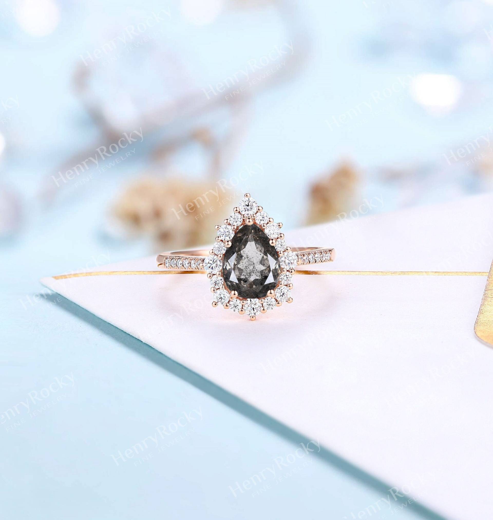 Vintage Salz Und Pfeffer Diamant Verlobungsring Rosegold | Birnenförmiger Ring Art Deco Moissanite Heiligenschein Brautring Jubiläum Versprechen von HenryRocky