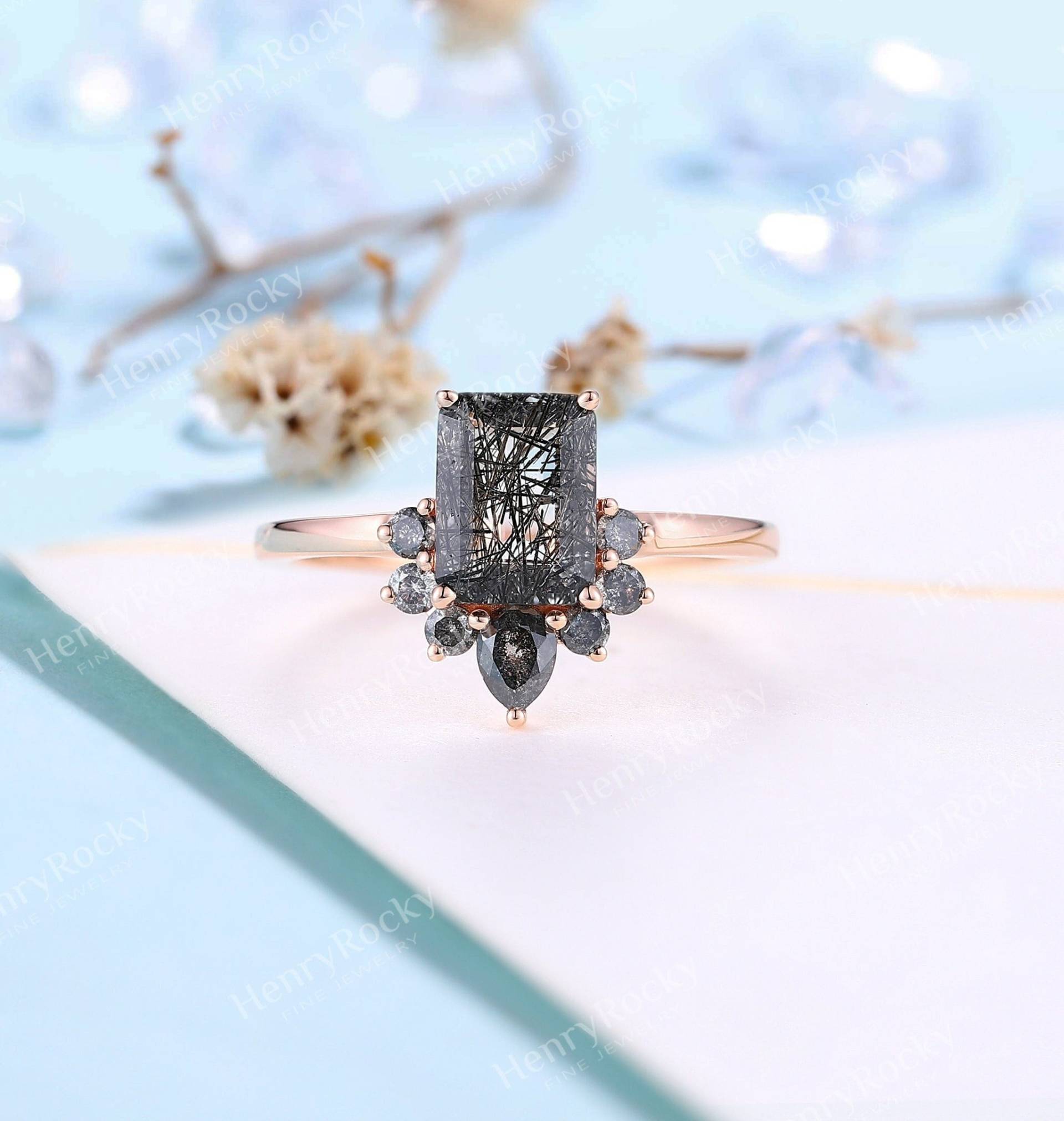 Vintage Schwarz Rutilquarz Verlobungsring Salz Und Pfeffer Diamant Rose Gold Ring Smaragdschliff Ehering Jubiläum Versprechen Ring von HenryRocky