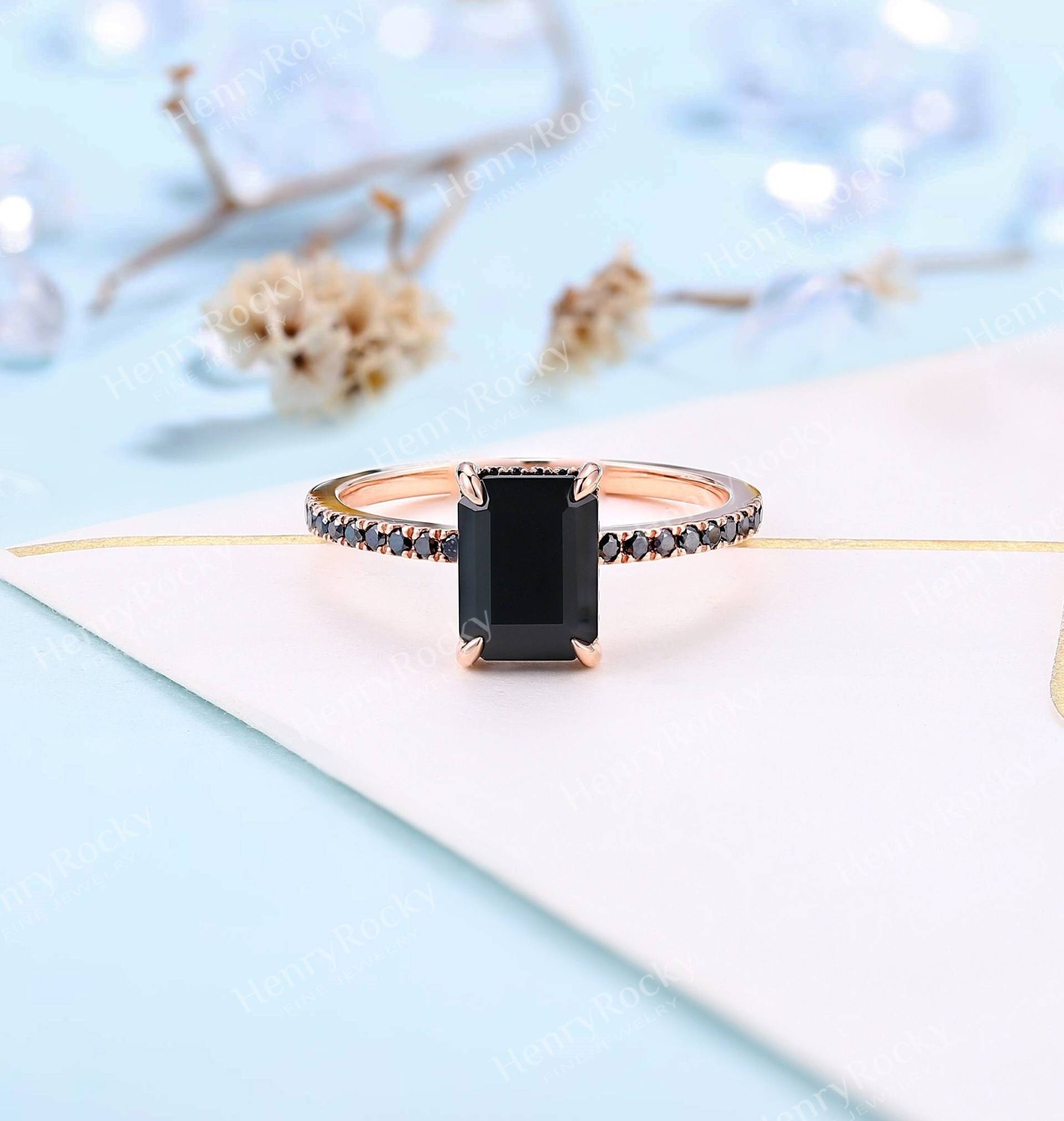 Vintage Schwarzer Onyx Verlobungsring | Smaragdschliffring Roségold Ehering Art Deco Black Diamond Halber Eternity Ring Jubiläumsring von HenryRocky