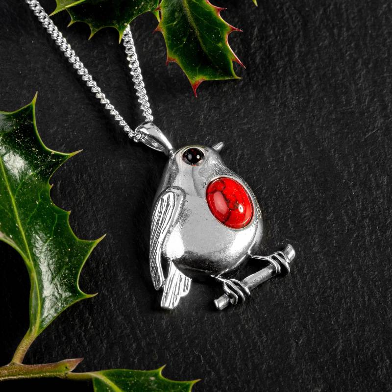 Rotkehlchen Halskette Koralle Stein Vogel Schmuck Rotkehlchen Halskette Koralle Stein Vogel Schmuck von HenrykaJewellery