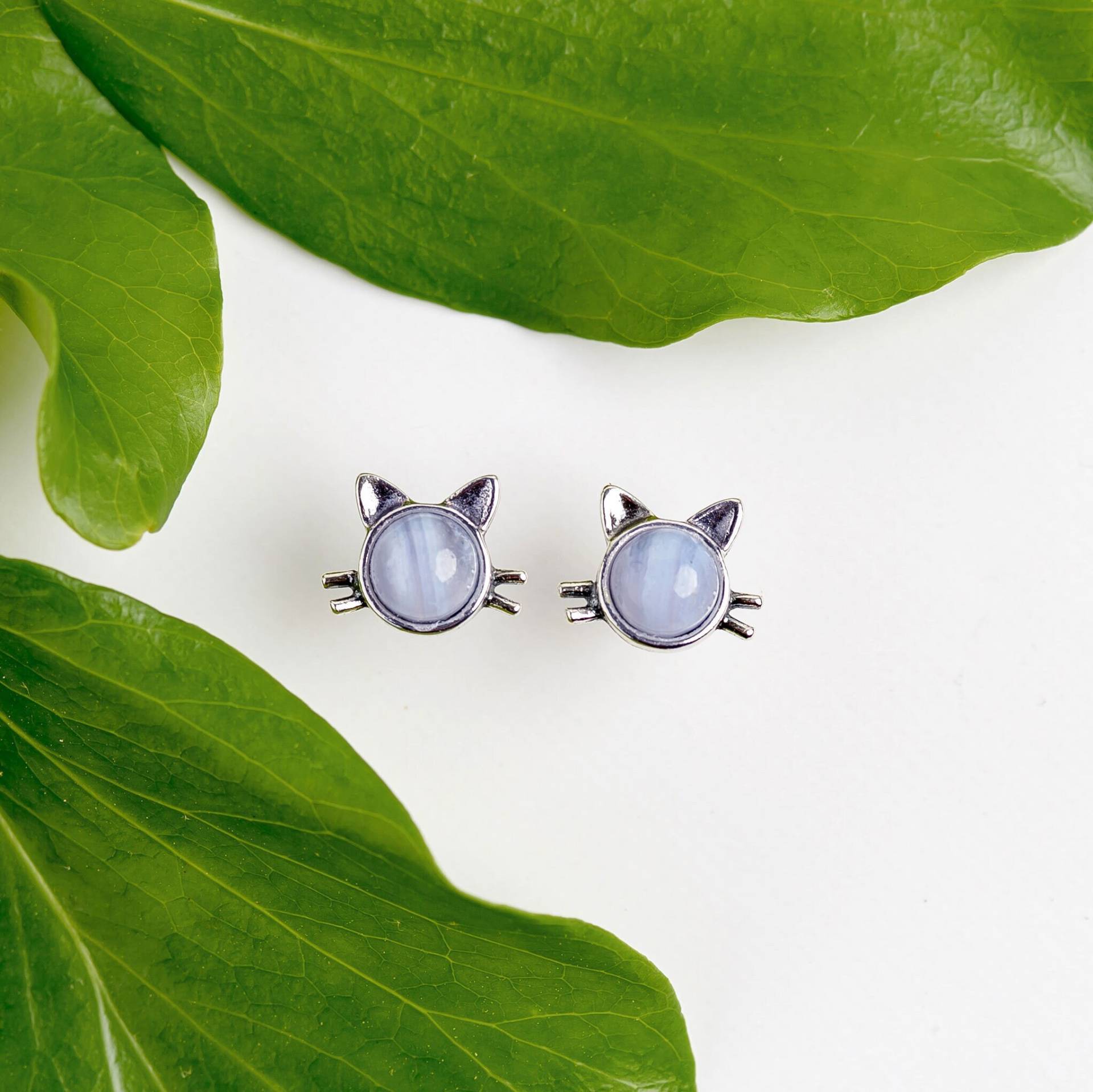 sterling Silber Katze Ohrstecker Blaue Spitze Achat Schmuck sterling Silber Katze Ohrstecker Blaue Spitze Achat Schmuck von HenrykaJewellery