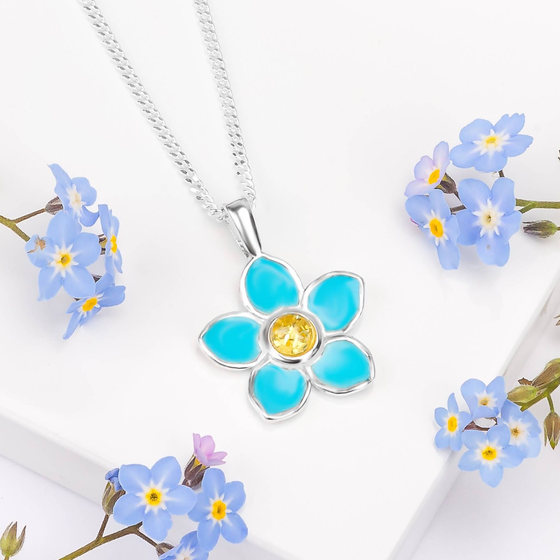 sterling Silber Vergissmeinnicht Halskette Handbemalter Blumenanhänger von HenrykaJewellery