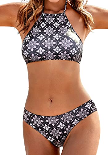 Hensen Go Womens Forest Leaves Printing High Neck Halter Bikini Set Swimsuit von Ekouaer
