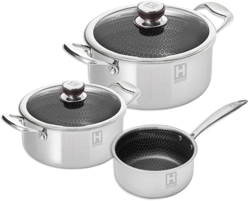 HENSSLERS Topf-Set Set, 1 Universaltopf Ø 20 cm und Ø 24 cm mit Deckel, 1 Stieltopf 2,2 l, 5 Stk. tlg. Edelstahl von Hensslers