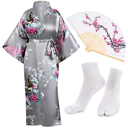 Heone Kimono Satin Pfau bedruckte leichte Strickjacke Jacke Mantel Yukata Umhang Bademantel Tops Faltfächer Tabi Socken Set, Silbergrau, S/L von Heone