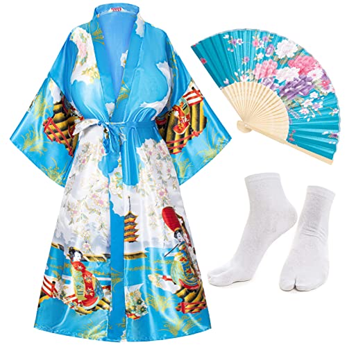 Heone Langer Kimono-Satin-Strickjacke, bedruckt, leicht, Yukata-Umhang, Bademantel, Tops, Fans, Tabi-Socken-Set, himmelblau, XL/5XL von Heone