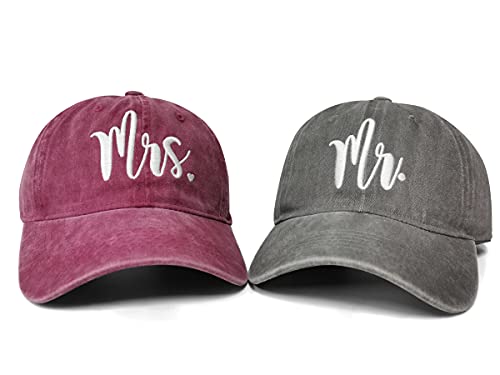 Hepandy Mr and Mrs Baseballmützen für Damen und Herren, 2er-Set – Mr & Mrs (verwaschenes Grau & Burgunderrot), Einheitsgröße von Hepandy