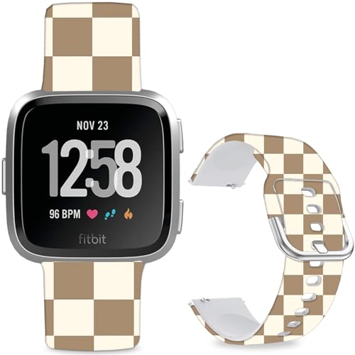 Hepsun Bedruckte Armbänder mit Muster kompatibel mit Fitbit Versa 2, weiches Silikon, kompatibel mit Fitbit Versa Lite/SE für Damen, Herren, Teenager (Hellbraun kariert) von Hepsun
