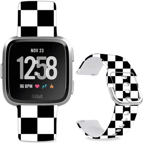 Hepsun Bedruckte Armbänder mit Muster kompatibel mit Fitbit Versa 2, weiches Silikon, kompatibel mit Fitbit Versa Lite/SE für Damen, Herren, Teenager. (Schwarz und Weiß kariert) von Hepsun