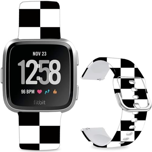 Hepsun Bedruckte Armbänder mit Muster kompatibel mit Fitbit Versa 2, weiches Silikon, kompatibel mit Fitbit Versa Lite/SE für Damen, Herren, Teenager. (luxuriöses schwarz-weiß kariert) von Hepsun