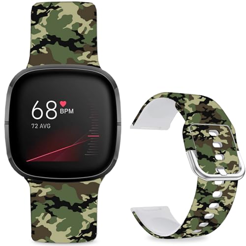 Hepsun Uhrenarmbänder mit Muster bedruckt, kompatibel mit Fitbit 4/3/Fitbit Sense 2/Sense, sportliches weiches Silikonarmband für Damen, Herren, Teenager, Armeegrün von Hepsun