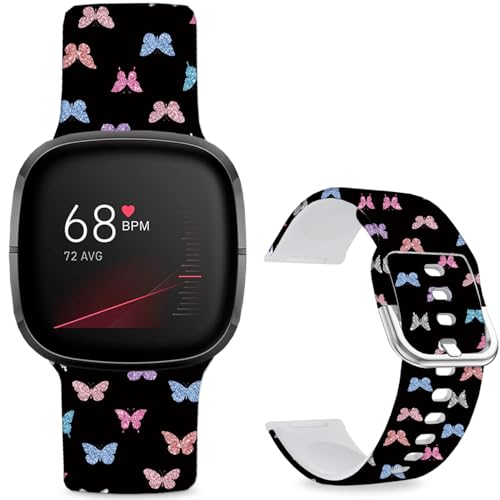 Hepsun Uhrenarmbänder mit Muster bedruckt, kompatibel mit Fitbit 4/3/Fitbit Sense 2/Sense, sportliches weiches Silikonarmband für Damen, Herren, Teenager. (bunter Schmetterling) von Hepsun