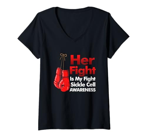 Damen Schleifenband mit Aufschrift Her Fight is My Fight, Burgunderrot T-Shirt mit V-Ausschnitt Damen Schleifenband mit Aufschrift Her Fight is My Fight, Burgunderrot T-Shirt mit V-Ausschnitt von Her Fight Is My Fight Sickle Cell Burgundy